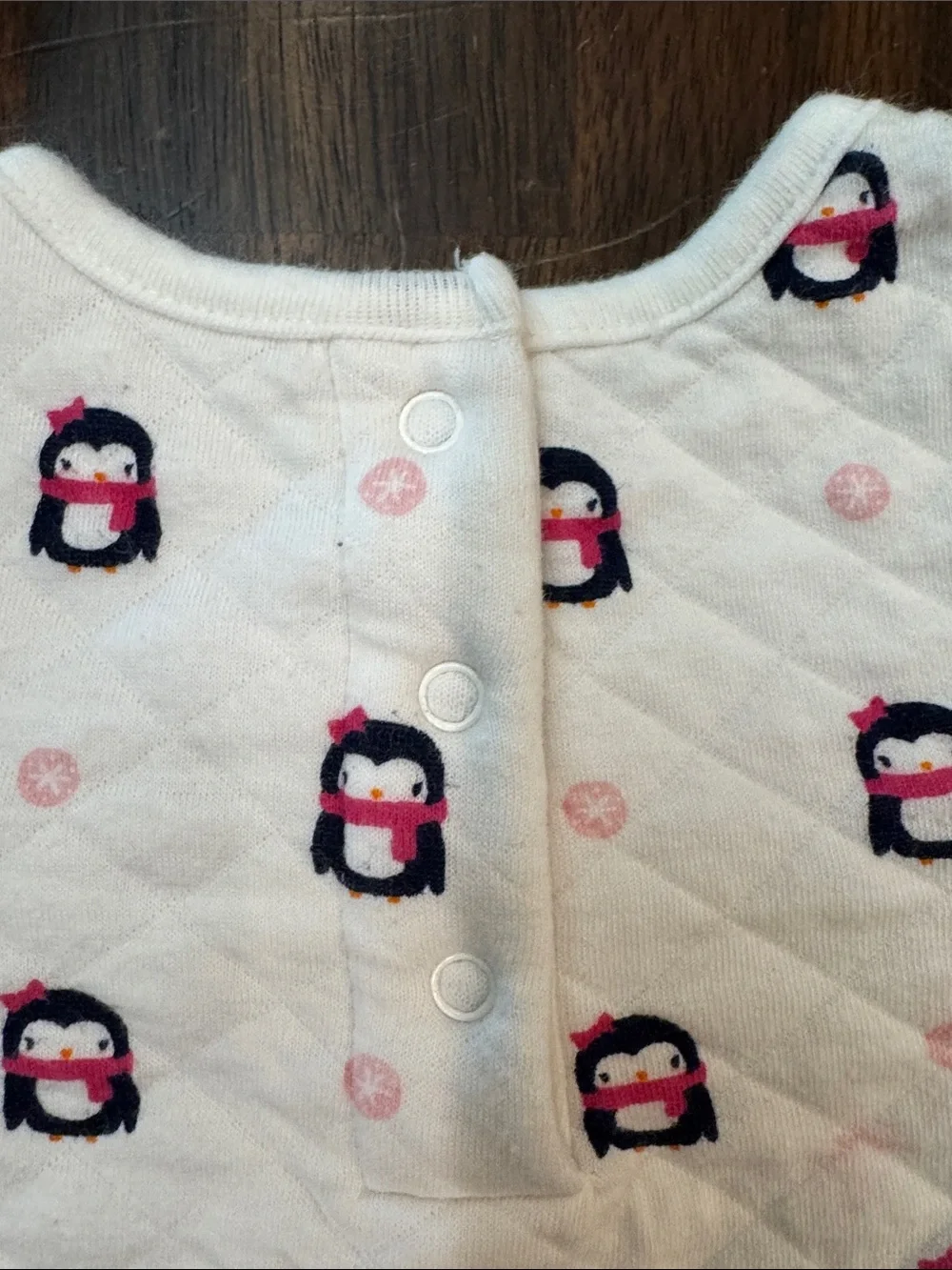 Gymboree White Quilted One Piece Loungewear with Pink & Navy Penguin Print